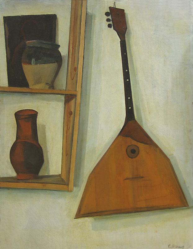 Осипов С., "Натюрморт с балалайкой и полочкой", 1970 год