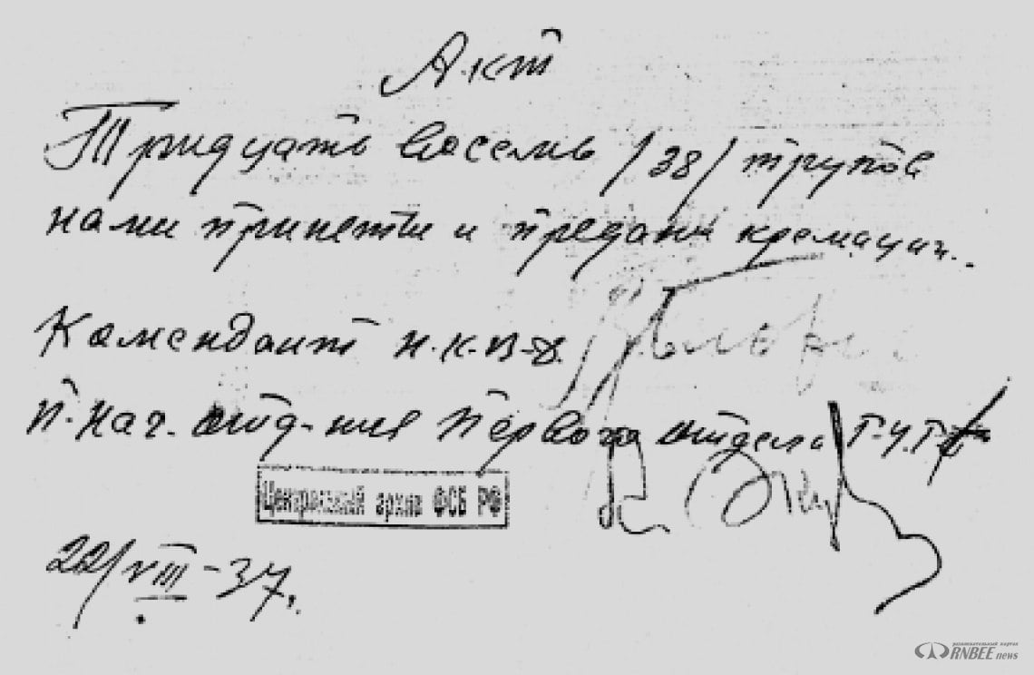 Акт о кремации всех расстрелянных в ОП 21 августа 1937 г. (подписи В. М. Блохина и А. В. Окунева)