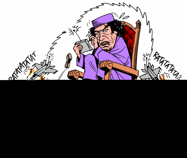 Западная карикатура на Каддафи, использующего (по мнению западных СМИ) авиацию для разгона демонстрантов