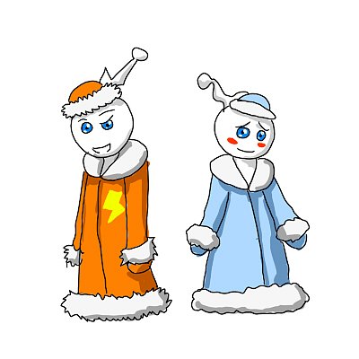 В костюмах Деда Мороза и Снегурочки