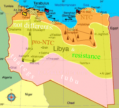 Положение на конец октября-начало ноября. Ливия разделеена на 3 зоны: север под контролем ПНС, центр — бои, север — в основном контроль ПНС.