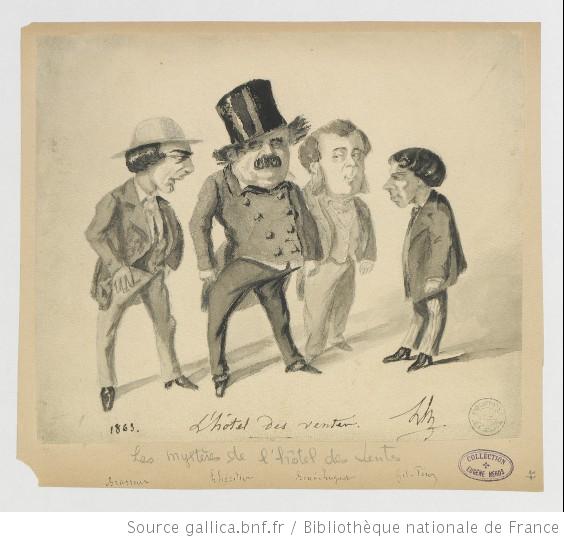 Сцена из спектакля по пьесе Рошфора и Вольфа «Тайна торгового дома» (Les mystères de l'Hôtel des ventes), театр Палэ-Рояль, 1863
