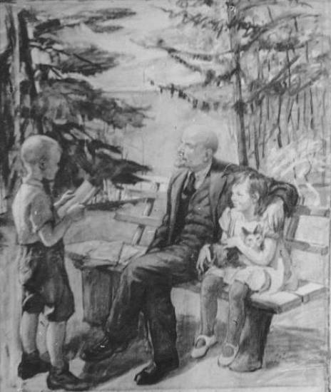 Суворова А. П. «Рисунок к работе В. И. Ленин в Горках с детьми». 1950. Xолст, уголь.
