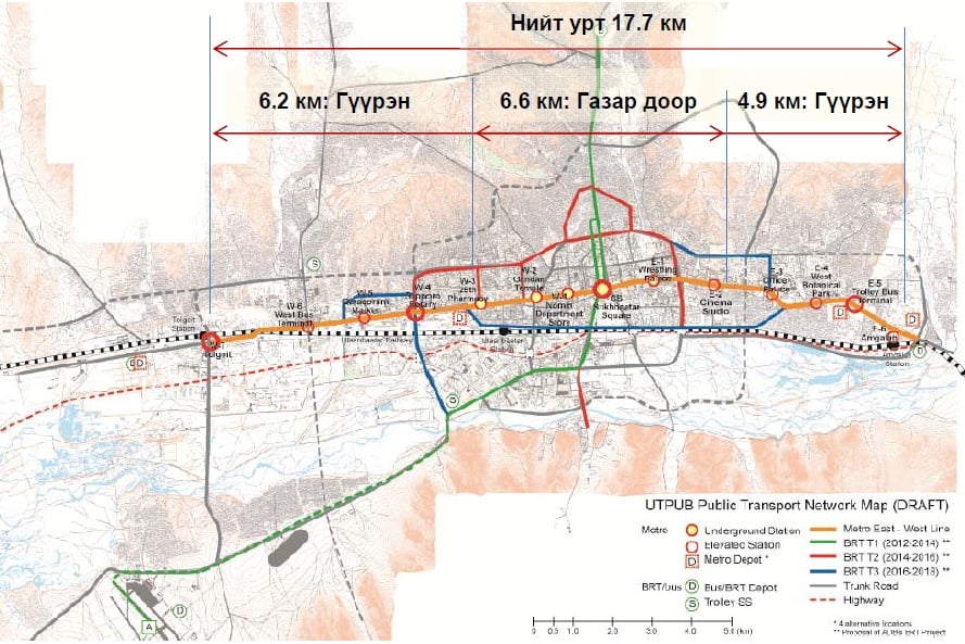 Схема линии и другого общественного транспорта в Улан-Баторе