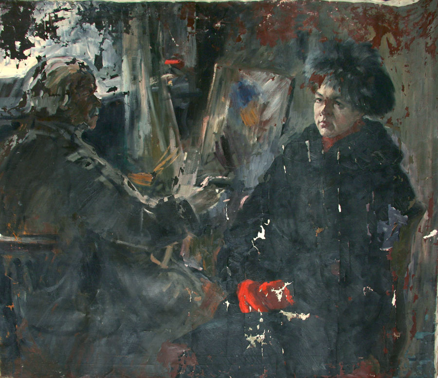 «Художник за работой», 1960-е гг, картина, холст (повреждения), масло (осыпи).