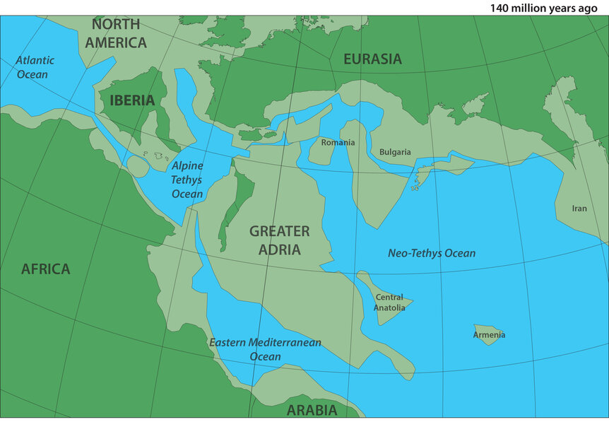 Континент Большая Адрия 140 млн лет назад