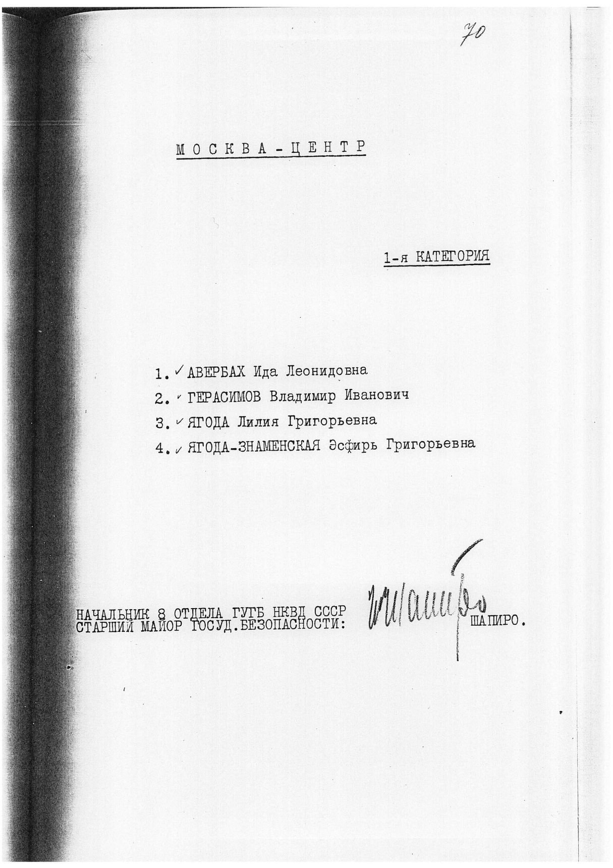 Сталинский расстрельный список в ОП от 10.6.1938 г. (подпись И. И. Шапиро)