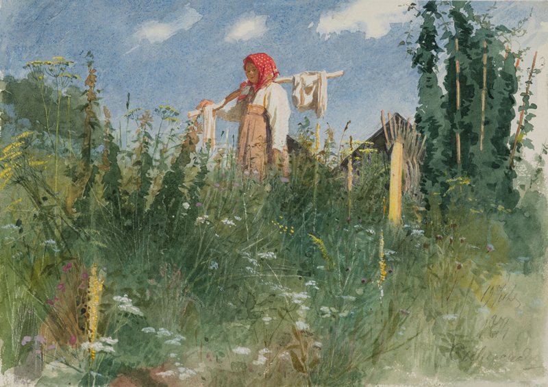 И. Н. Крамской. Девочка с бельём на коромысле среди травы. 1874